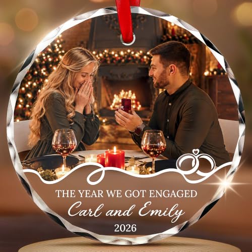 Image of Engagement Ornament 2026, Personalized Glass Christmas Photo Keepsake