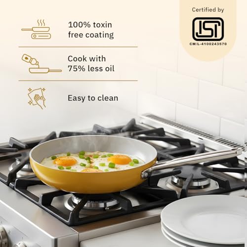 Image of Ember Cookware Arcilla Ceramic Frying Pan 24cm | Non Stick Induction Cookware | Non Toxic Pan | ISI Certified | Ceramic Fry Pan for Cooking | Steel Handle | 5-Year Warranty | Benares Gold