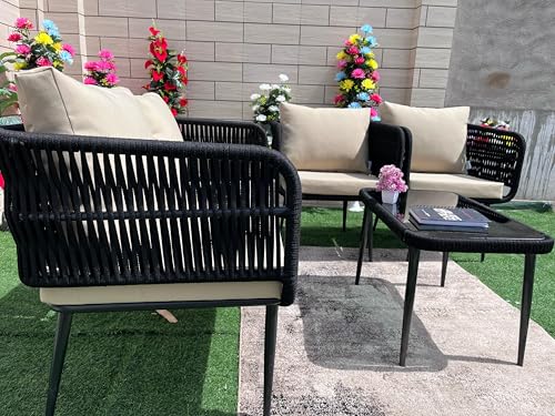 Image of LOCCUS 4-Piece Outdoor Indoor Rope Patio Furniture Set Conversation Garden Waterproof Weaving Rope Bistro Set for Balcony Lawn Garden Terrace (Beige and Black)