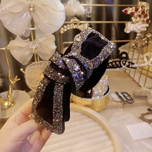 Faylay Fashion Gothic Glitter Rhinestone Artificial Crystal Black Velvet Bowknot Hairbands Ribbon Hairhoop Hair Clips Claw Hair Tie Hair Accessories (Headband-A1) #TOP4
