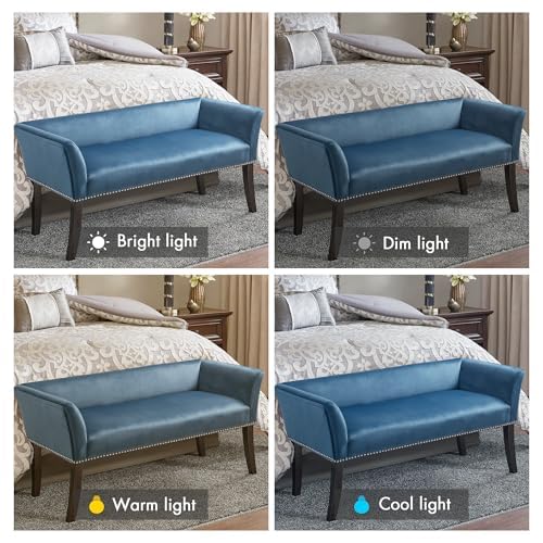 Image of Madison Park Accent Bench, Upholstered with Nailhead Trim, & Padded Seat Entryway Bench Small, End of Bed Bench with Back, 49.5 inch W x 19.25 inch D x 23 inch H, Blue