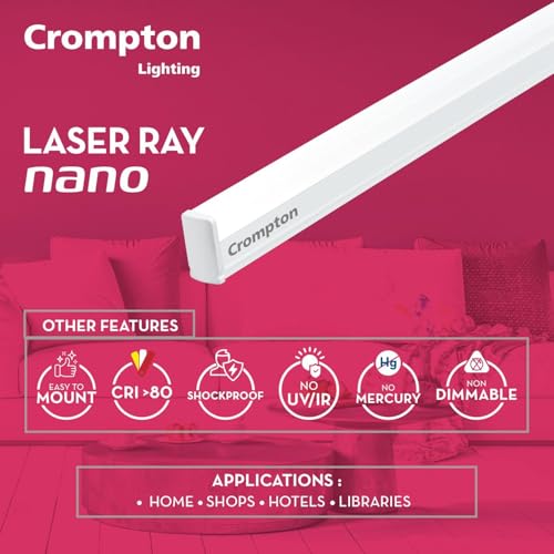 Image of Crompton Laser Ray Nano 20W LED Batten Light | 2 Feet Slim Tubelight for Living Room, Bedroom & Home | Energy Efficient Integrated LED Batten | Cool Day Light 6500K | Pack of 1 (Pack of 1)