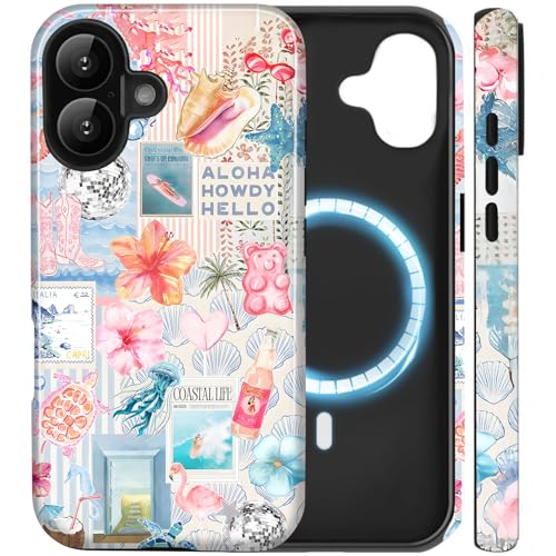 Coque iPhone 16 MagSafe motif floral rose et collage marin pour femme