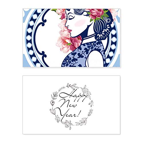 Tarjeta conmemorativa de año nuevo estilo Chinese Culture Flower Woman, felicitación inglés