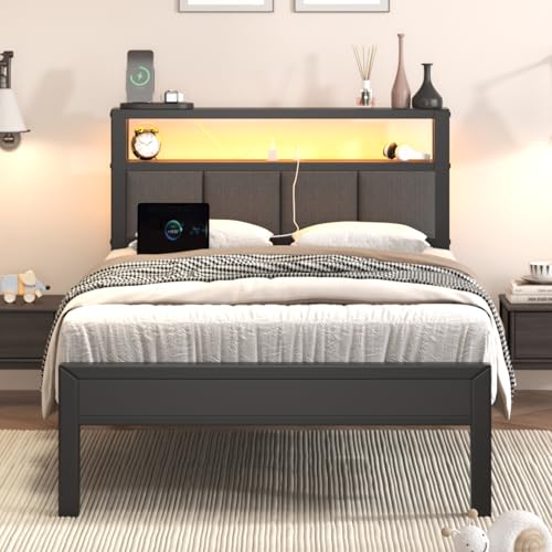 Image of E-Motie Twin Size Bed Frame with LED Lights and Charging Station, Wood Storage Headboard with 2-Tier Shelves, Heavy Duty Metal Slats, No Box Spring Need, Noise Free, Easy Assembly, Light Grey
