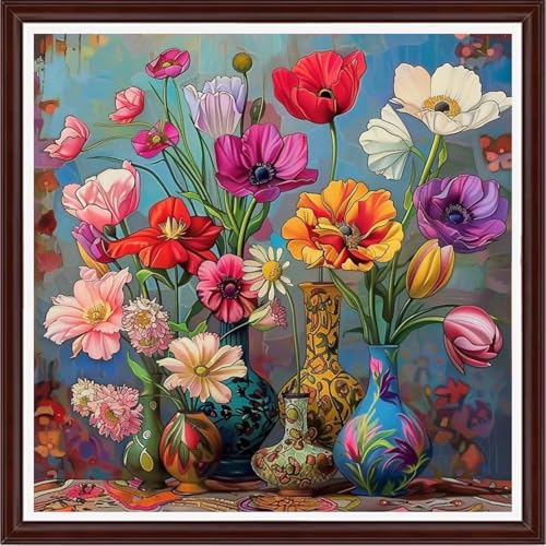 Image of Dooxvey Counted Cross Stitch Kits for Adults 11CT Printed Cross-Stitch Patterns Cross Stitching Embroidery Kit Stamped or Counted Needlepoint Kits-Colorful Flower vase 18x18 inch