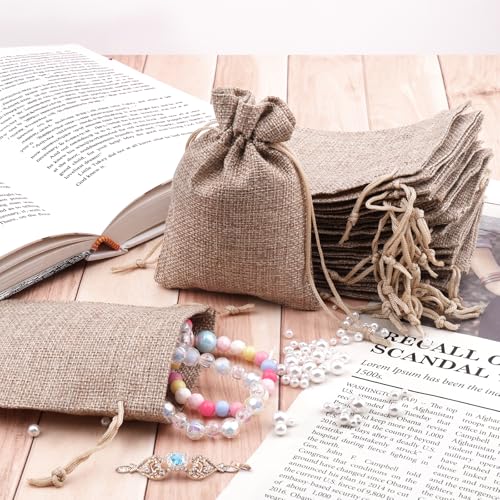 Hopton Jutesäckchen mit Kordelzug, 24 Stück Säckchen, 10 x 14 cm Wiederverwendbare Stoffbeutel Klein, Stoffsäckchen zum Befüllen, für Schmuck Tee Kaffee Gewürze Süßigkeiten Basteln(Jute)
