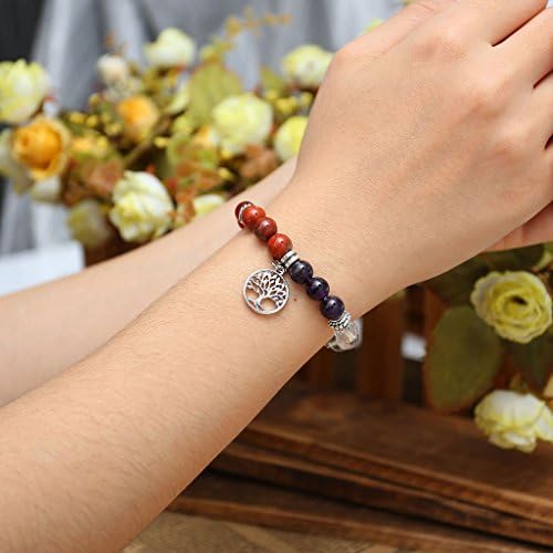 Jovivi 7 Chakras Yoga Meditation Healing Balancing Round Stone Beads Stretch Bracelet with Tree of Life/Lotus/OM Symbol Charm