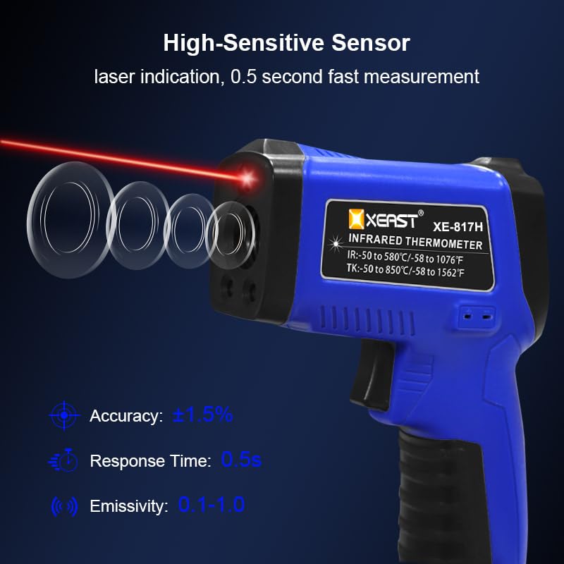 Termometro a infrarossi con sonda K -50°C ~ 580°C Misuratore di temperatura IR Termometro laser digitale senza contatto con funzione di allarme Emissività regolabile