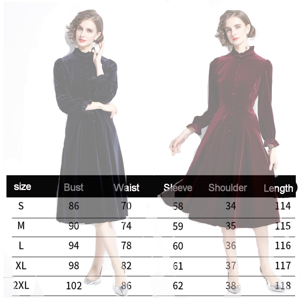 Abito Elasticizzato in Velluto a Maniche Lunghe Donna, Elegante Monopetto con Collo alla Coreana, Longuette a Trapezio per Feste di Natale alla Moda, Wine Red, XXL