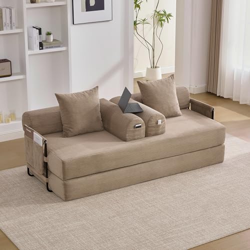 A ALFRESCOOL Sofá modular, sofá sin huesos, sofá cama, sofá con función de dormir, plegable, con estructura de metal robusta, bolsillos laterales + 3 cojines, 200×94×67cm (Jaque)