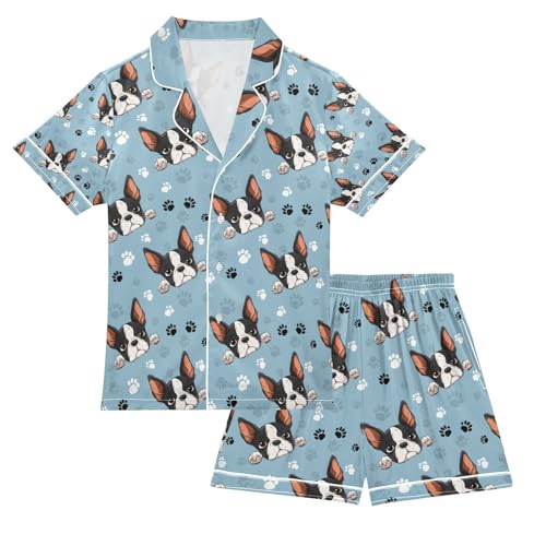 senya Puppy Head Cute Cartoon Satin Summer Pajama Sets Silk Short Sleeve Button Down Sleepwear