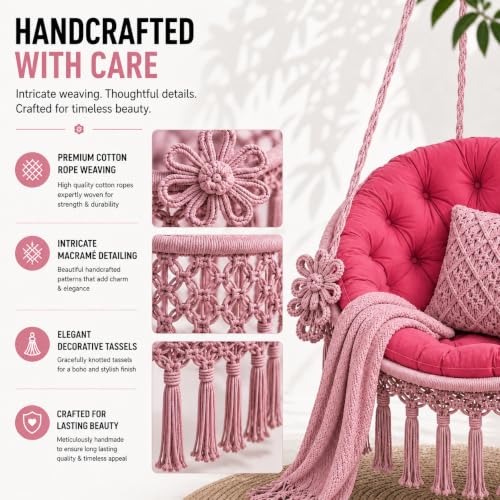 Image of Premium King Size Hammock Chair Swing with Cushion, 200kg Capacity | Indoor Outdoor Heavy Duty Adults & Kids Hanging Jhula for Home, Garden, Patio & Balcony | 1 Year Warranty (Pink)