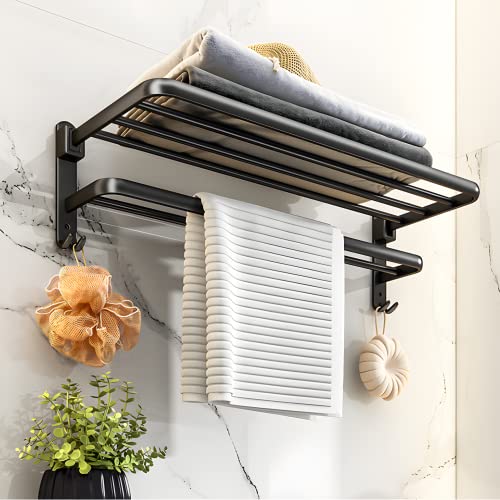 yozhch Self Adhesive Black Towel Rail with Shelf, Wall Mounted Towel Rack with Double Bars, Foldable Bathroom Towel Holder with Hooks (23-Inch)