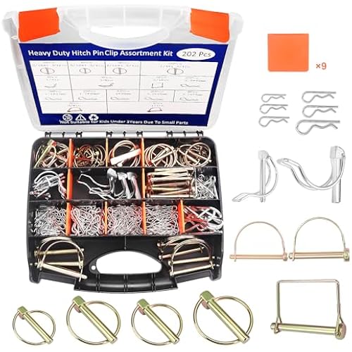 202PCS Hitch Pin, Trailer Pins Clip Pins Assortment Kit for railers Tractors Trucks Towing Mowing Farm Equipment Snow Plows Lawnmowers Garage Heavy Duty Trailers Accessories Tractor Attachments