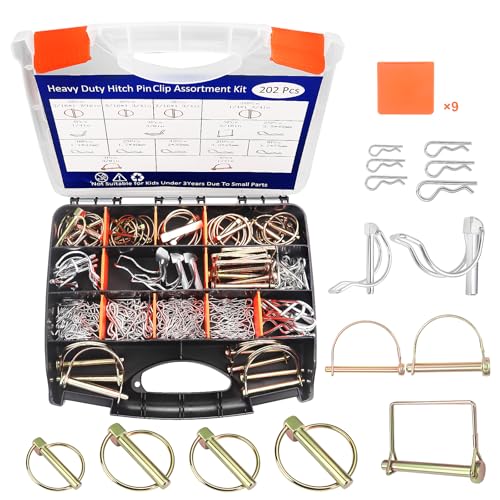 202PCS Hitch Pin, Trailer Pins Clip Pins Assortment Kit for railers Tractors Trucks Towing Mowing Farm Equipment Snow Plows Lawnmowers Garage Heavy Duty Trailers Accessories Tractor Attachments