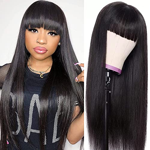 Rebecca Fashion Straight Wig With Bangs Human Hair Brazilian Virgin None Lace Front Wigs 130% Density Glueless Machine Made Human Hair Wigs For Black Women (26 Inch, Natural Color) #TOP8