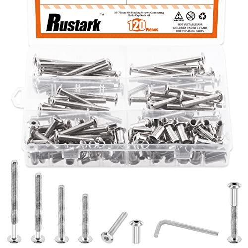 Rustark 121Pcs M6 x 34mm/45mm/55mm/65mm/75mm Furniture Joint Connector Bolt & Cap Nut Assortment Kit Flat Hex Socket Cap Allen Bolts Screw Posts for Furniture Chair Crib Belt Leather Binding