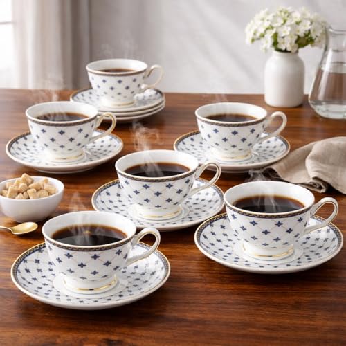 Image of White Cup with Saucer Set of 12 Pcs | Tea /Coffee Cups 180 ml | Microwave & Dishwasher Safe | Bone-Ash Free | Crockery Set Ideal for Daily Use & Gifting, White Coffee Set