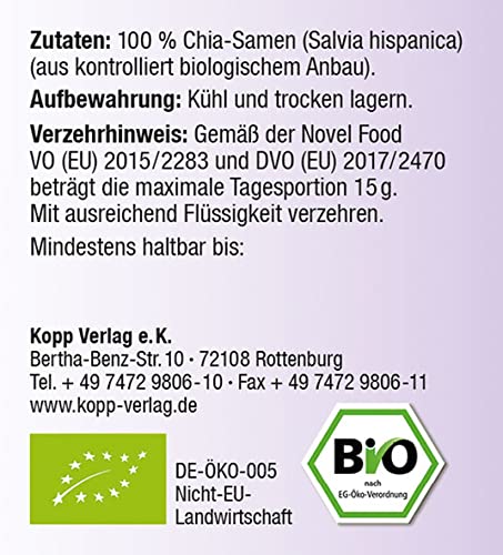 KOPP Vital® Bio Chia-Samen im Bügelglas 700 g - Bio-Qualität - ohne Gentechnik – Zusatzstofffrei - dekorativen Bügelglas - Premium Chia-Samen