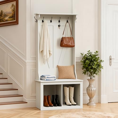 YESHOMY 67" Farmhouse Hall Tree with Bench & Shoe Storage,