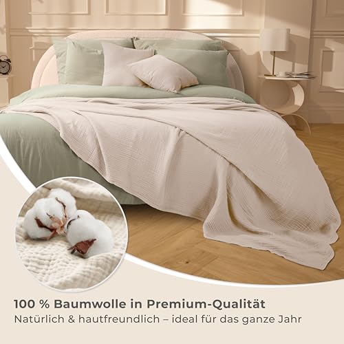 LAYNENBURG Premium Musselin Tagesdecke 150x200 cm - 100% Baumwolle - extraweiche, leichte Sommerdecke als Kuscheldecke, Bett-Überwurf, Baumwolldecke, Couch-Überwurf - warme Sofa-Decke (Beige)