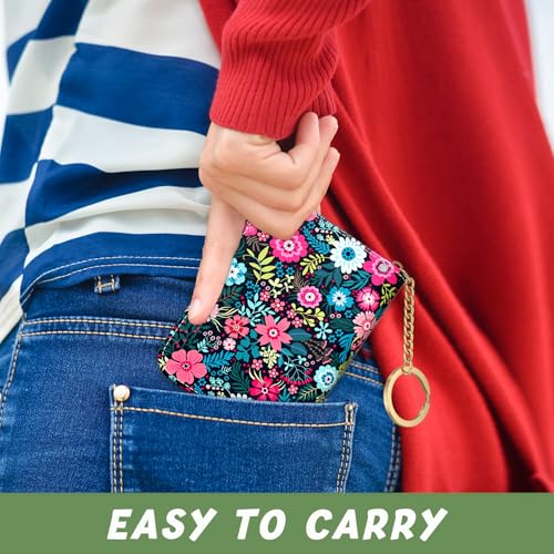 Image of Aiawoxc Credit Card Holder, Small RFID Wallet Slim Leather Card Organizer Case with Zipper and Keychain, Elegant Flowers