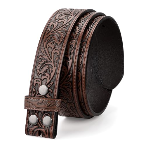 TRIWORKS Western Belt Strap for Men without Buckle 1.5" Wide Floral Engraved Embossed Leather Belt Strap