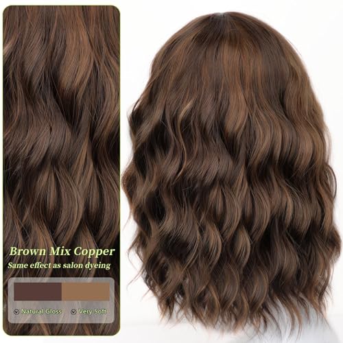 Image of AISI HAIR French Caramel Balayage Brown Synthetic Wavy Curly Bob Wig with Bangs Short Wavy Hair for Women Synthetic Heat Resistant Bob Wigs