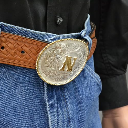 Image of Montana Silversmiths Initial Engraved Gold Trim Western Belt Buckle