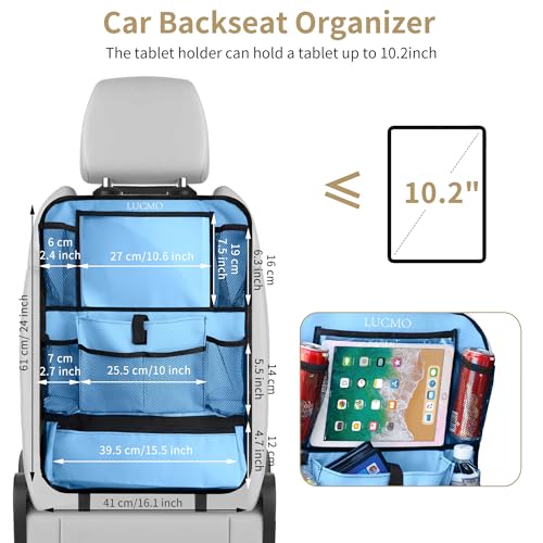 Image of LUCMO Car Backseat Organizer with Touch Screen Tablet Holder, Light Blue | 2 Pcs,9 Storage Pockets,Clear Tablet Holder,Protectors Kick Mats,Travel Accessories,Seat Cover,Road Trip Essentials