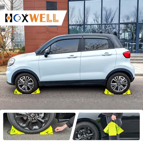 Image of HOXWELL 2 Pair Wheel Chocks for Travel Trailers, Non Slip Heavy Duty Green Wheel Chock with Rope, Lightweight Wheel Stoppers for Cars Campers Trucks RVs, Easy to Carry & Suitable for Most Tyre Sizes