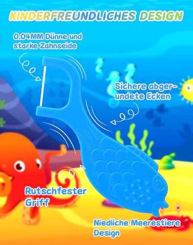 NETONDA 128 Stück Zahnseide Kinder Dental Floss für engen Zahnzwischenräume Zahnseide Sticks mit 4 bunte Griffe in Form von Meerestieren Flossers Kids - Fluorfrei, wachsfrei, rutschhemmend(4X32Stk) – Bild 4