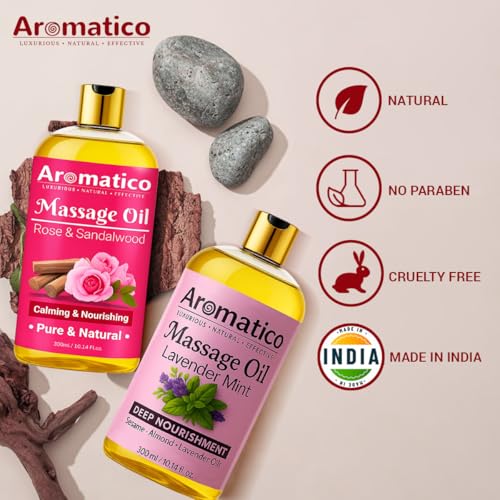 AROMATICO Rose Sandalwood & Lavender Mint Massage Oils Pack of 2. For Mood Upliftment, Soothing Aroma, Muscle Relaxation & Skin Nourishment, 100% Natural, Non-Sticky - 300ml