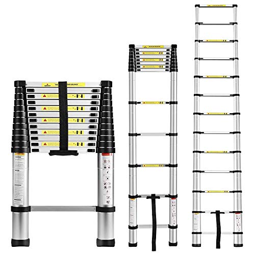 Image of Lukia 13-Steps (12.5 ft) Aluminium Safety Lock Folding Telescopic Ladder (3.8 m Extended and 87 cm Closed, Silver Color)