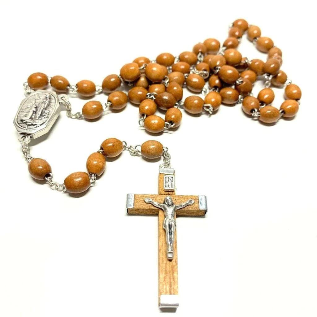 CatholicallyCatholic Wooden Rosary Lourdes Water Relic Medal - Blessed by Pope