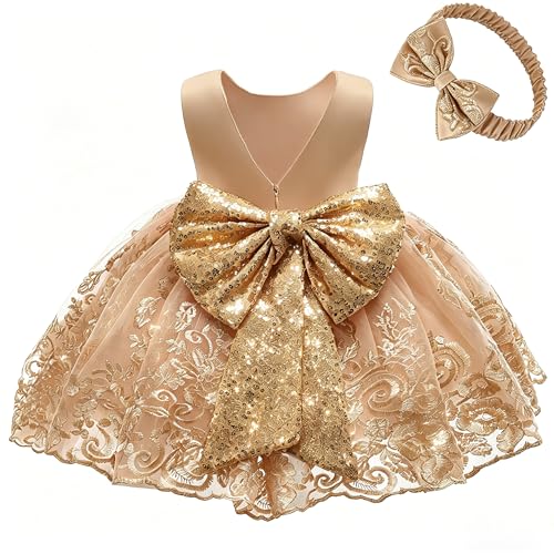 0-6T Big Bowknot Sequins Embroidered Lace Party Tutu Gown Toddler Baby Girls Dress with Headwear Easter Ball Gown Dress Golden 100