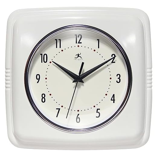 Infinity Instruments Retro – 9-Inch Square Silent Non-Ticking Mid-Century Modern Wall Clock – Vintage Decorative Timepiece for Kitchen, Office, or Diner – White