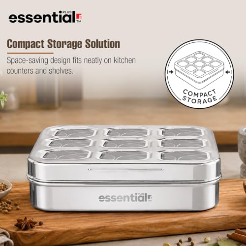 Image of Essential Plus Stainless Steel Multi Use Box, 24cm (150ml), See Through Lid, 9 in 1 Masala Dabba / Spice Box for Kitchen, Square Shape Spice Organizer / Masala Dani with 9 Containers, Easy to Clean