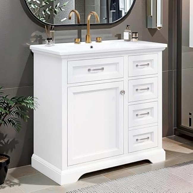 36 Inches White Bathroom Vanity Set with Ceramic Undermount Sink, 2 Tip Out Drawers Soft Close Hinges ¨C Modern Storage Cabinet for Bathroom (1 Drawers)