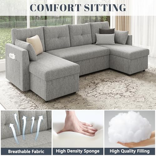 Image of Huatean Home Oversized Pullout Couch Bed, 110 inch 2 in 1 Sleeper Sofa Couch for Living Room, Sectional Sleeper Sofa Bed with Double Storage Chaise, Side Pockets, Light Grey