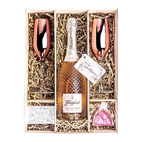 Freixenet Sparkling Rosé Wine 75cl Gift Set With 2 Metallic Pink Champagne Flutes, Chocolates And Gift Box - Birthday Gifts for Girls With Personalised Gift Message (Metallic Pink Tops) Cover