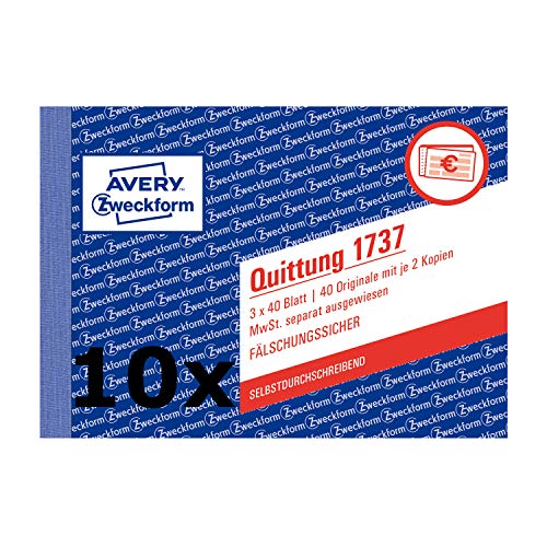 AVERY Zweckform 1737 Quittung MwSt. separat ausgewiesen (A6 quer, selbstdurchschreibend, 3x40 Blatt) weiß/gelb/rosa (10 Stück/selbstdurchschreibend, 3 x 40 Blatt)