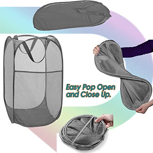 Image of BATTOO Deluxe Strong Mesh Pop up Laundry Hamper Basket with Side Pocket for Laundry Room, Bathroom, Kids Room, College Dorm or Travel 2 x Grey