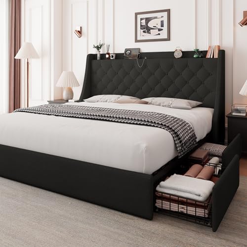 Image of Feonase Upholstered King Size Bed Frame with 4 Storage Drawers, Large Wingback Headboard, No Box Spring Needed, Black