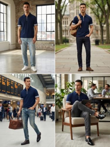 Image of Leriya Fashion T Shirt for Men | Polo T-Shirt for Man | Men's Half Zip Polo | Lightweight Breathable Summer Wear | Textured Knit Casual Stylish Tee | Short Sleeve Smart Casual Top for Man