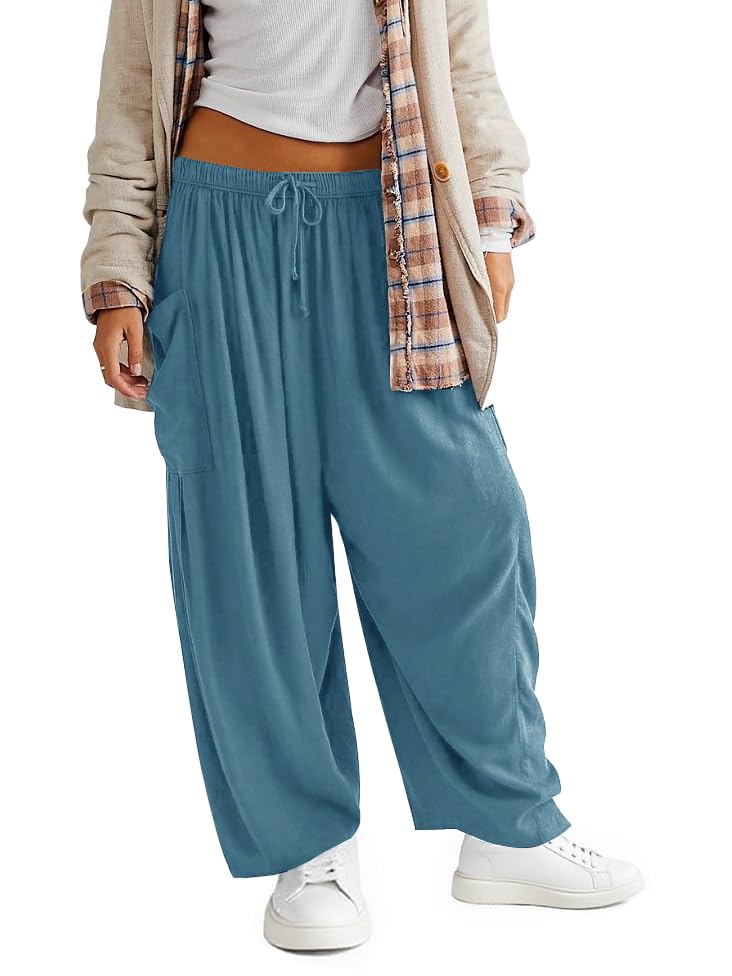 Womens Linen Wide Leg Palazzo Pants Casual Loose Elastic Drawstring Flowy Pant 2025 Travel Baggy Pocket Harem Pants