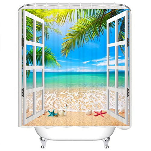Summer Ocean Beach Shower Curtain, Blue Sky Tropical Shower Curtain, Sunshine Sand Sea Plam Trees Shower Curtain For Bathroom, Waterproof & Washable Shower Curtain Set 72X72 Inch(12 Hooks Included) #TOP1