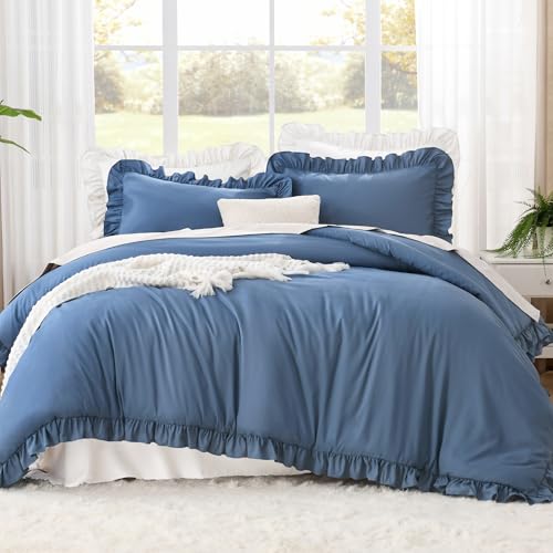 Image of Litanika Ocean Blue Full Size Comforter Sets, 3 Pieces Ruffle Farmhouse Aesthetic Bedding Comforter Sets, All Season Soft Lightweight Fluffy Microfiber Bed Set(79x90In Comforter, 2 Pillowcases)