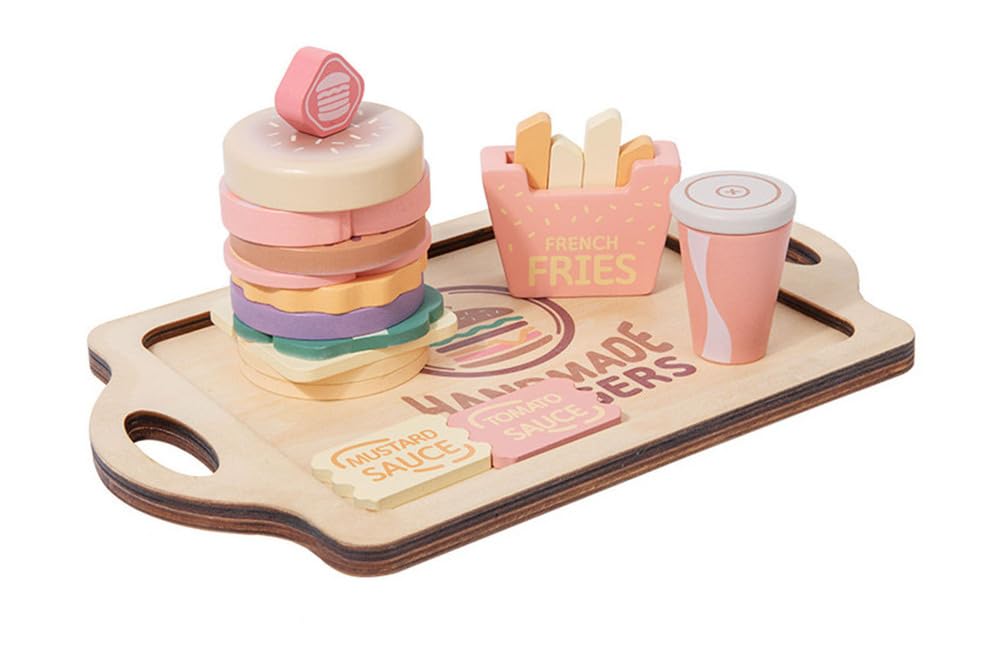 Set di Gioco di Finzione di Fast Food in Legno, Giocattolo Cibo Hamburger Patatine Bevanda